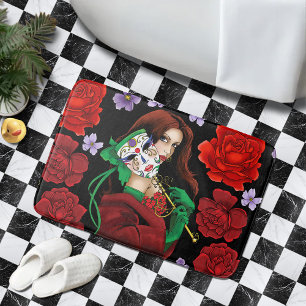 Elegant Woman Venetian Mask Red Green Bath Mat