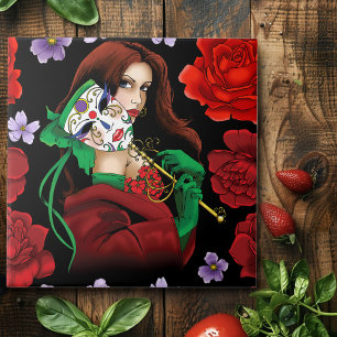 Elegant Woman Venetian Mask Red Green Ceramic Tile