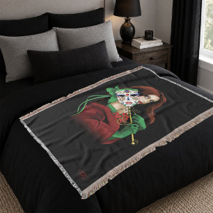 Elegant Woman Venetian Mask Red Green Throw Blanket