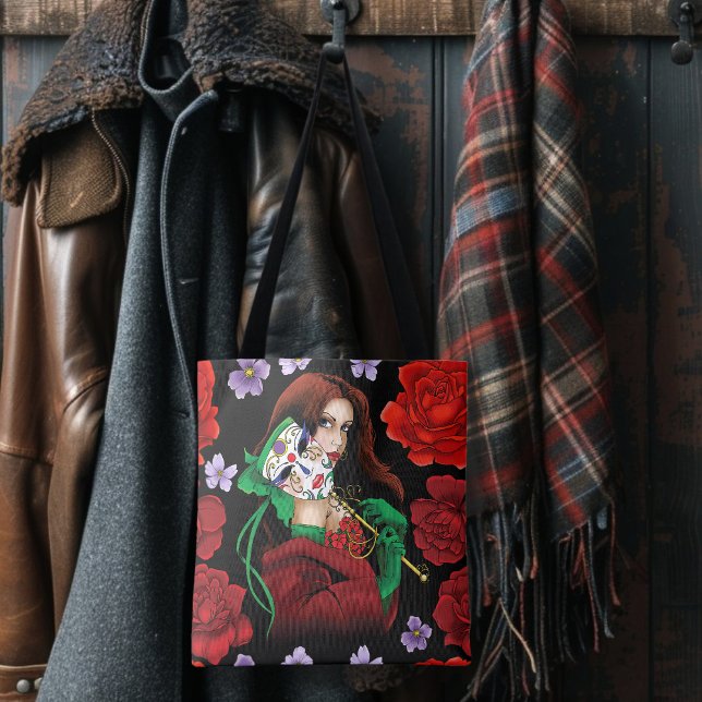 Elegant Woman Venetian Mask Red Green Tote Bag (Creator Uploaded)