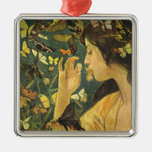 Elegant Woman With Beautiful Butterflies Metal Ornament