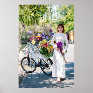 Elegant Woman with Bicycle and Flowers in Nature Poster