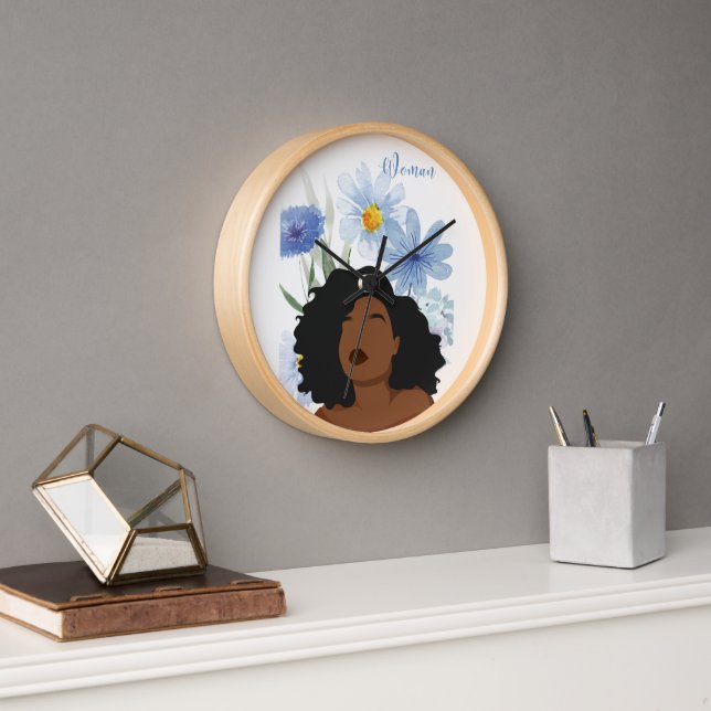 Elegant Woman with Blue Floral Wall Clock (Office)