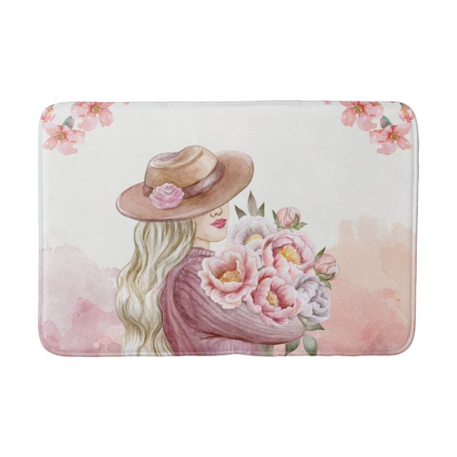 Elegant Woman with Peonies Watercolor Art Print Bath Mat (Front)