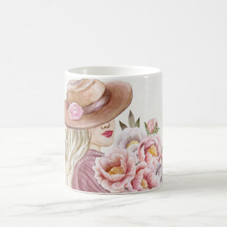Elegant Woman with Peonies Watercolor Art Print Coffee Mug