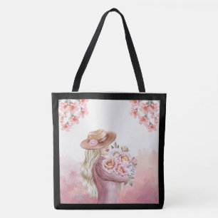 Elegant Woman with Peonies Watercolor Art Print Tote Bag