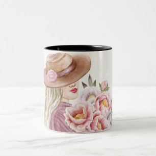 Elegant Woman with Peonies Watercolor Art Print Two-Tone Coffee Mug