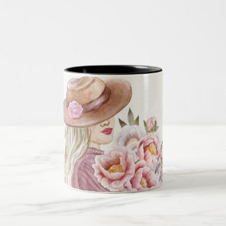 Elegant Woman with Peonies Watercolor Art Print Two-Tone Coffee Mug