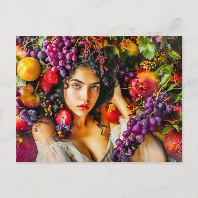 Elegant woman with pomegranate grapes and floral c postcard (Front)