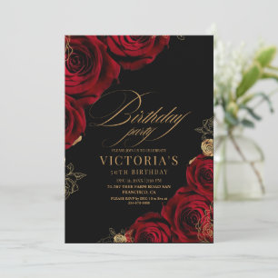 Elegant Woman's Birthday Party Black and Red Rose Invitation