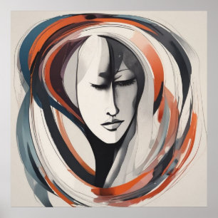 Elegant Woman's Face Brown Blue Wall Art Abstract