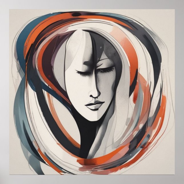Elegant Woman's Face Brown Blue Wall Art Abstract (Front)