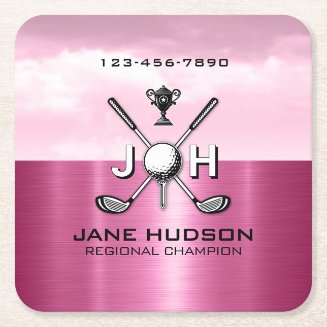 Elegant Women Custom Golf Monogram Design Square Paper Coaster (Front)