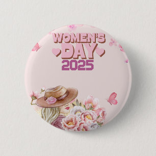Elegant Women's Day 2025 with Pink Floral Design 6 Cm Round Badge