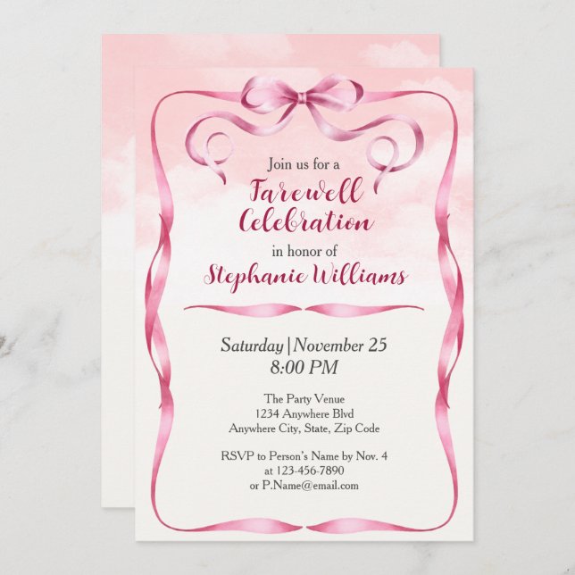 Elegant Women's Farewell Pink Bow Border Party  Invitation (Front/Back)