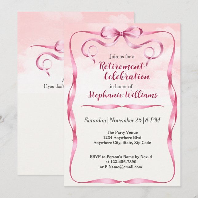 Elegant Women's Retirement Pink Bow Border Party  Invitation (Front/Back)