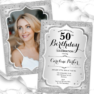 Elegant Womens Silver Photo 50th Birthday Invitation