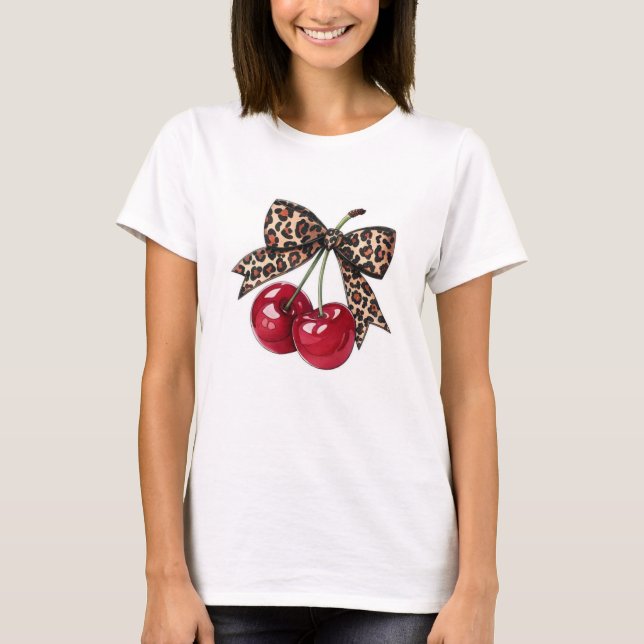 Elegant Women's T-Shirt with Red Cherry Pattern –  (Front)