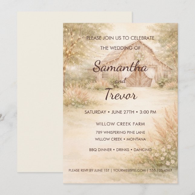 Elegant Wood Barn & Twinkle Lights Wedding  Invitation (Front/Back)
