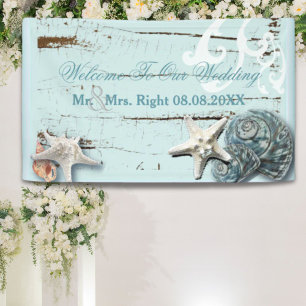 Elegant wood BLue Seashells Beach Wedding Banner