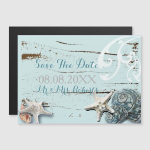 Elegant wood BLue Seashells Beach Wedding Magnetic Invitation
