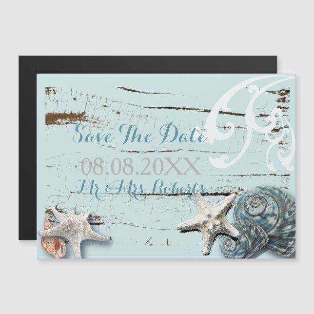 Elegant wood BLue Seashells Beach Wedding Magnetic Invitation (Front/Back)