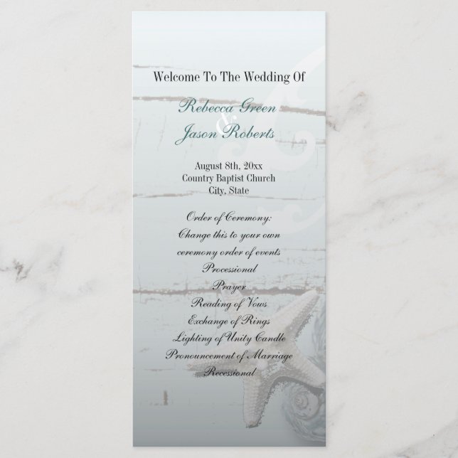Elegant wood BLue Seashells Beach Wedding program (Front)