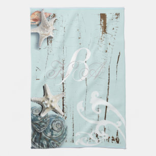 Elegant wood BLue Seashells Beach Wedding Tea Towel