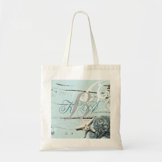 Elegant wood BLue Seashells Beach Wedding Tote Bag (Front)