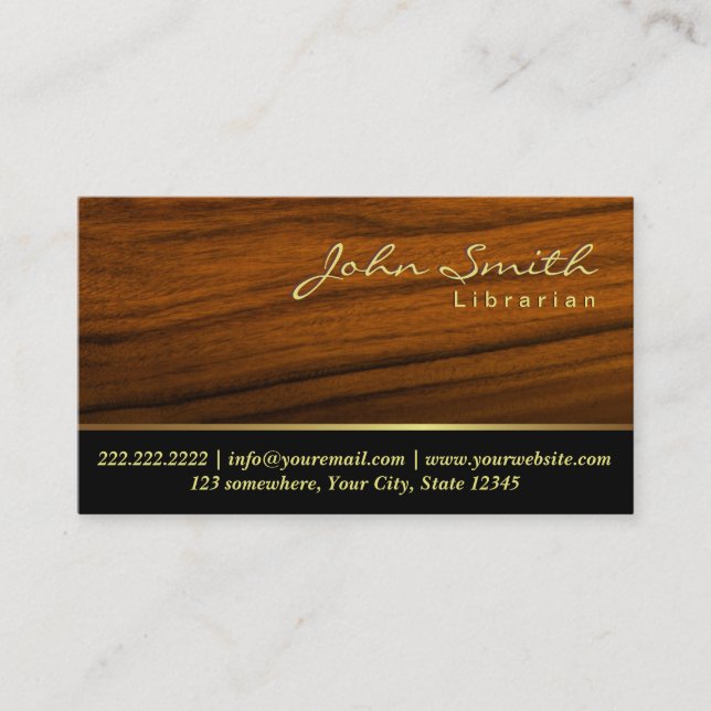 Elegant Wood Grain Librarian Business Card (Front)