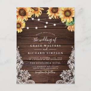 Elegant Wood, Sunflowers, Lights, & Lace Wedding Invitation Postcard