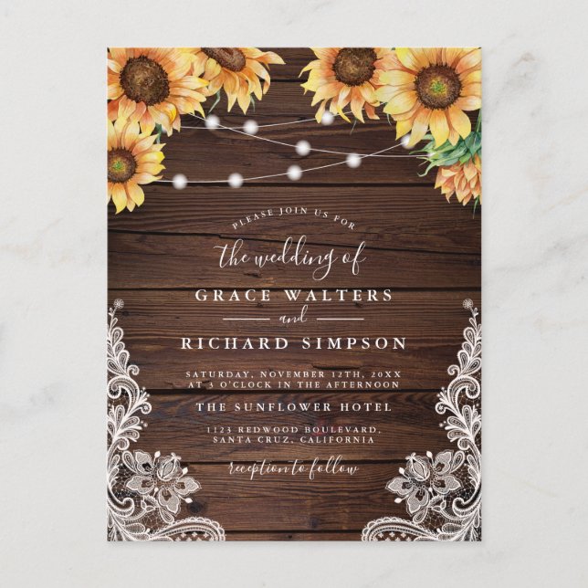Elegant Wood, Sunflowers, Lights, & Lace Wedding Invitation Postcard (Front)