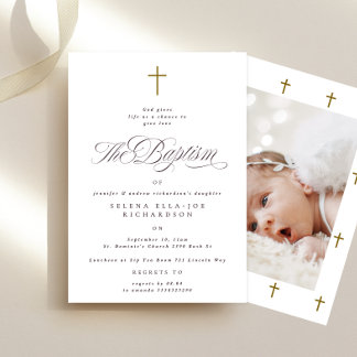 Elegant Wooden Cross Calligraphy Photo Baptism Invitation