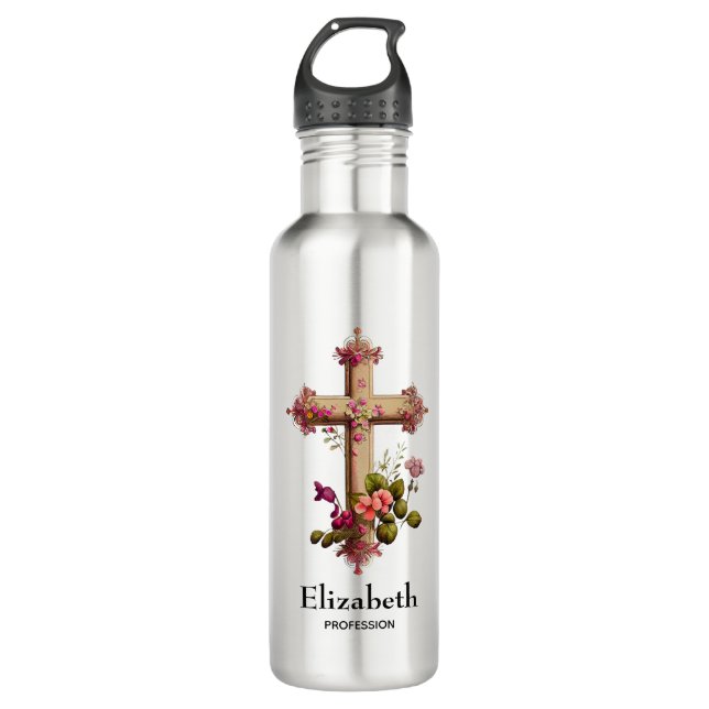Elegant Wooden Cross with Pink Flowers 710 Ml Water Bottle (Front)