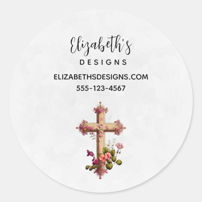 Elegant Wooden Cross with Pink Flowers Business Classic Round Sticker (Front)