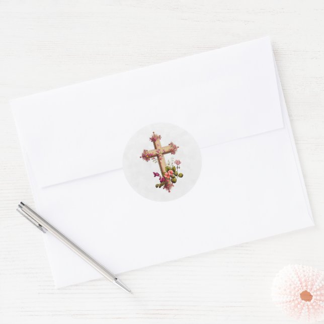 Elegant Wooden Cross with Pink Flowers Classic Round Sticker (Envelope)