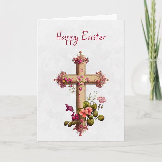 Elegant Wooden Cross with Pink Flowers Easter Card (Front)
