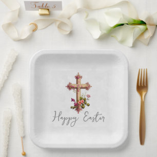 Elegant Wooden Cross with Pink Flowers Easter Paper Plate