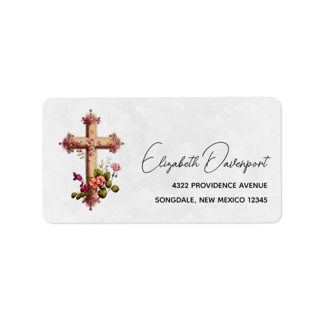 Elegant Wooden Cross with Pink Flowers Label (Front)