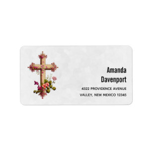 Elegant Wooden Cross with Pink Flowers Label