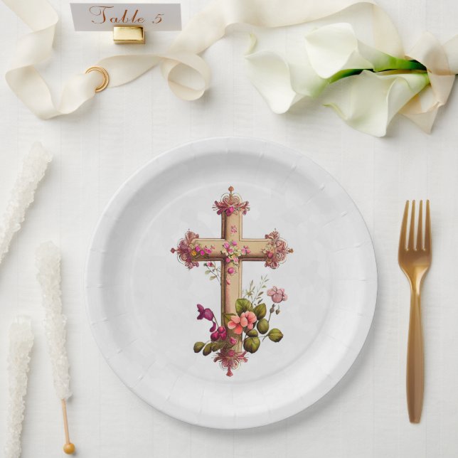 Elegant Wooden Cross with Pink Flowers Paper Plate (Wedding)