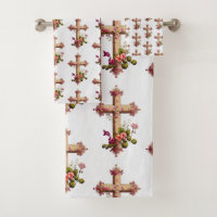 Elegant Wooden Cross with Pink Flowers Patterned