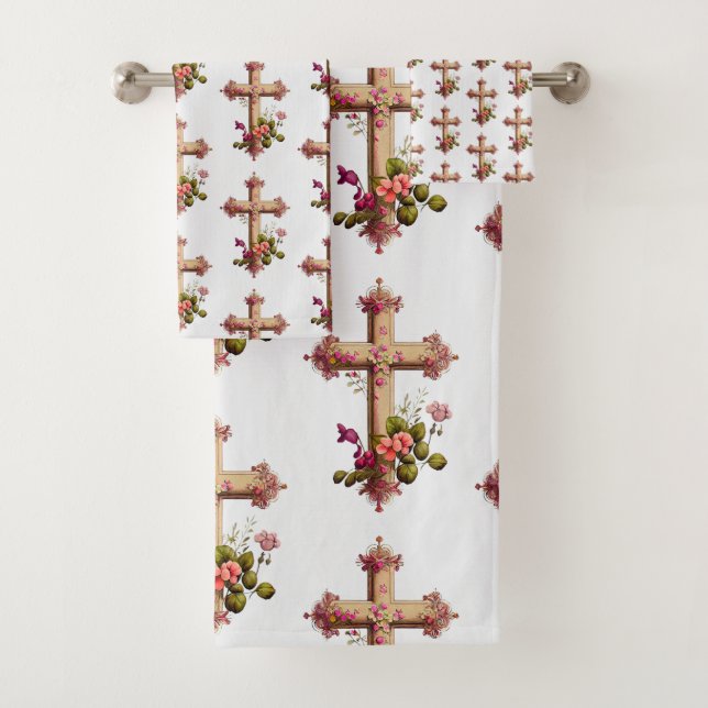 Elegant Wooden Cross with Pink Flowers Patterned Bath Towel Set (Insitu)