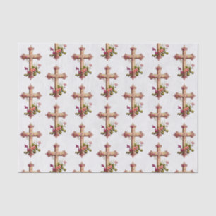 Elegant Wooden Cross with Pink Flowers Patterned Tissue Paper