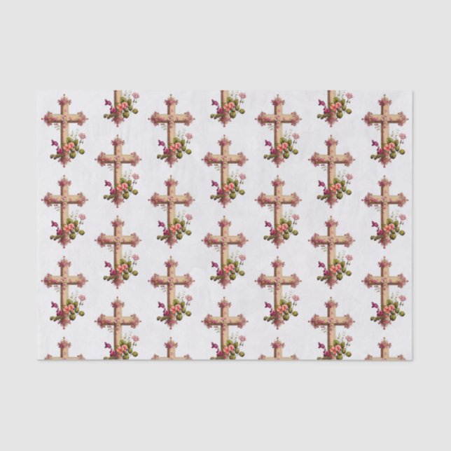 Elegant Wooden Cross with Pink Flowers Patterned Tissue Paper (Front)