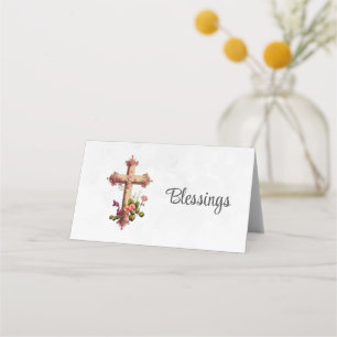 Elegant Wooden Cross with Pink Flowers Place Card
