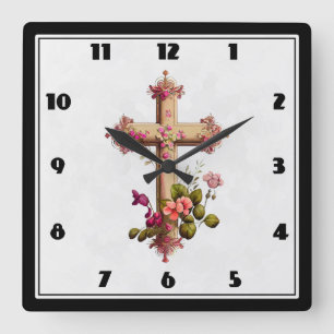 Elegant Wooden Cross with Pink Flowers Square Wall Clock