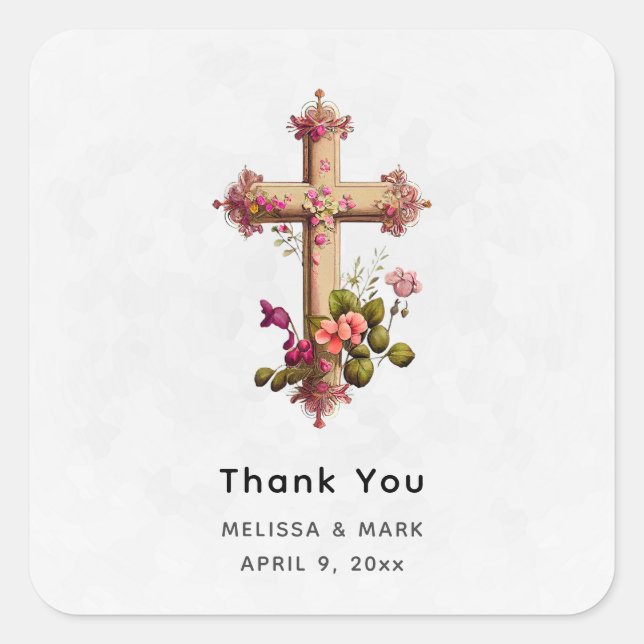  Elegant Wooden Cross with Pink Flowers Thank You Square Sticker (Front)