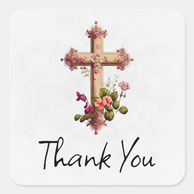 Elegant Wooden Cross with Pink Flowers Thank You Square Sticker (Front)