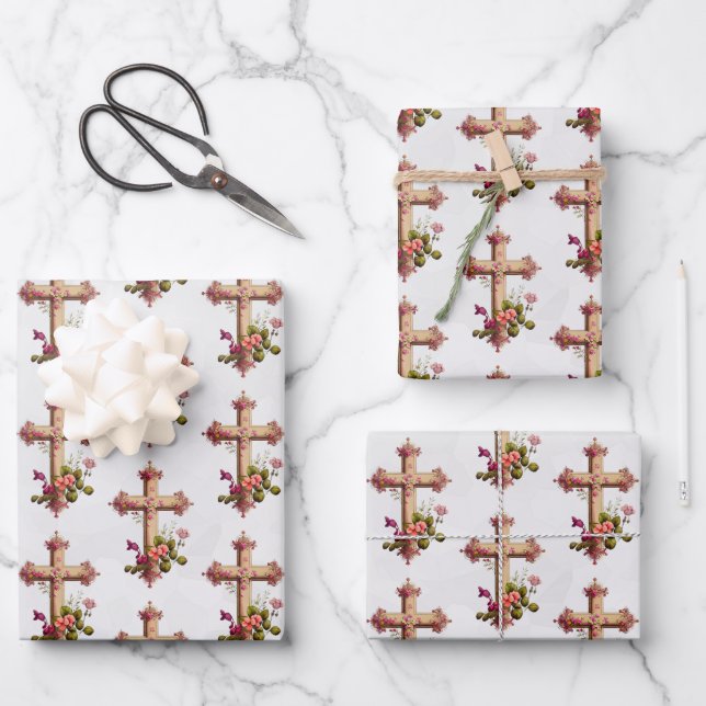 Elegant Wooden Cross with Pink Flowers Wrapping Paper Sheet (Front)